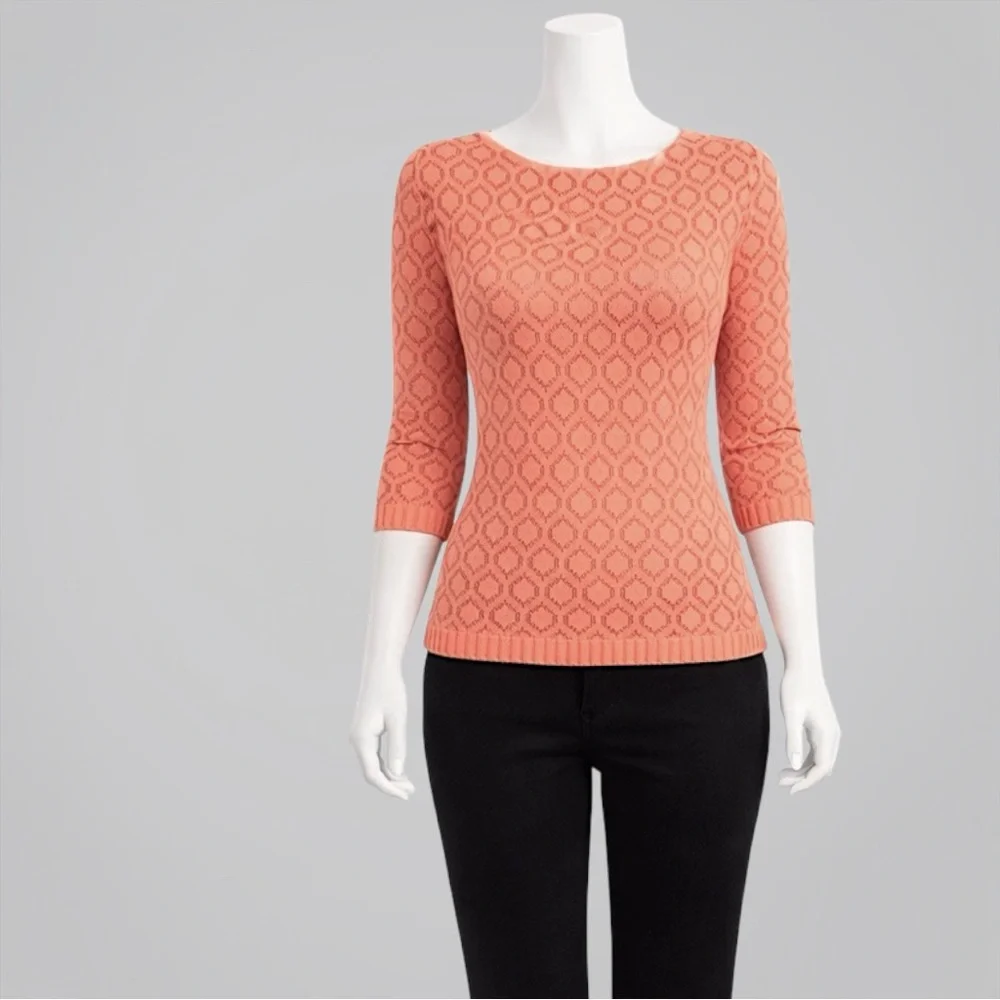 Jun & Ivy Coral Metallic Gold Honeycomb 3/4 Puff Sleeve Sweater